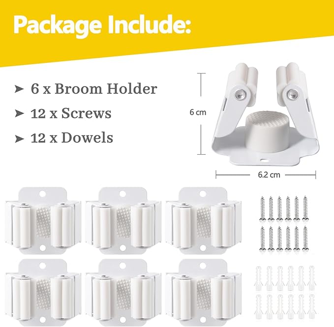 Verdenu 6 Pack Broom Holder Wall Mount, Mop and Broom Holder Wall Mount, Stainless Steel Command Mop Holder with Screws, Garden Tool Storage Organizer for Kitchen, Home, Bathroom, Garage, White