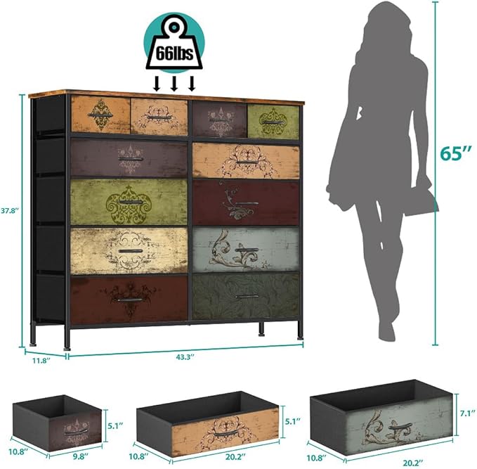 Dresser for Bedroom with 12 Drawers, Tall Fabric Drawer Dresser, Chest of Drawers for Closet, Nursery, Bedside, Living Room, Entryway, Hallway (Pattern)