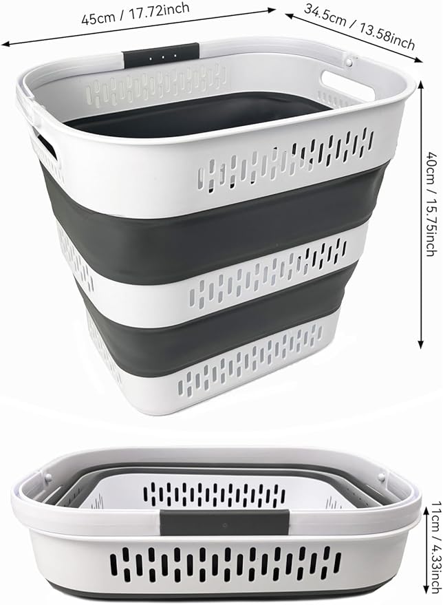 SAMMART 40L (10.5 Gallon) Collapsible Plastic Laundry Basket with Handles - Foldable Pop Up Storage Container/Organizer - Portable Laundry Hamper - Space Saving (2, White/Steel Grey)
