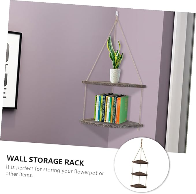 Vintage Fan-Shaped Wall Corner Hanging Shelf with Thick Rope Space-Saving Storage Rack for Plants Crafts Photos Rustic Brown Decorative Organizer for Bedroom Living Office