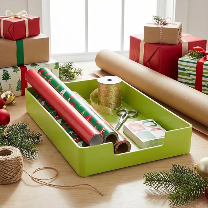 Letter-Size Tray, 2PCS A4 Plastic Stackable Paper Tray, Desk Drawer Organizer for Office, School, Home Storage, and Storage Containers for Christmas Ornaments, Gift Wrap (2X Green)