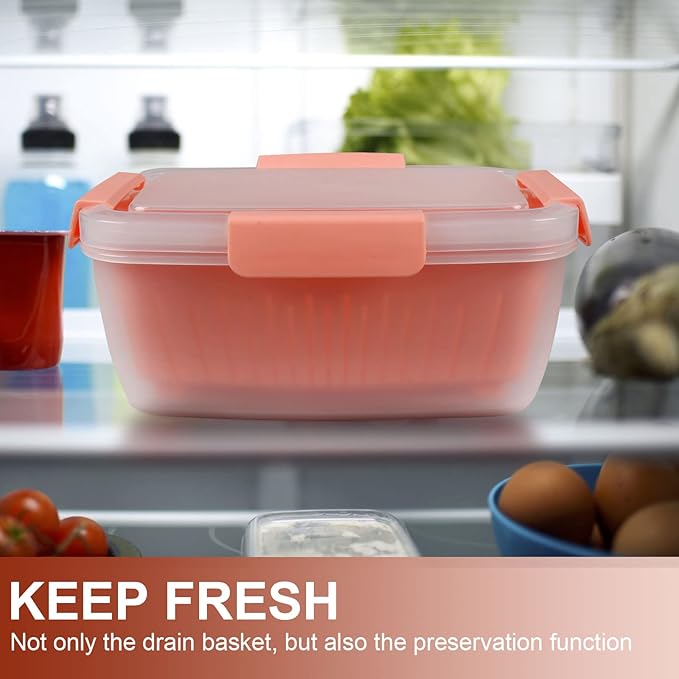 68oz Berry Keeper Fruit Storage Container for Fridge, Fresh Food Produce Saver Containers with Removable Drain Colander, Vegetable Lettuce Keeper Bowl, Refrigerator Organizer, PRESS TO OPEN CLOSE LID