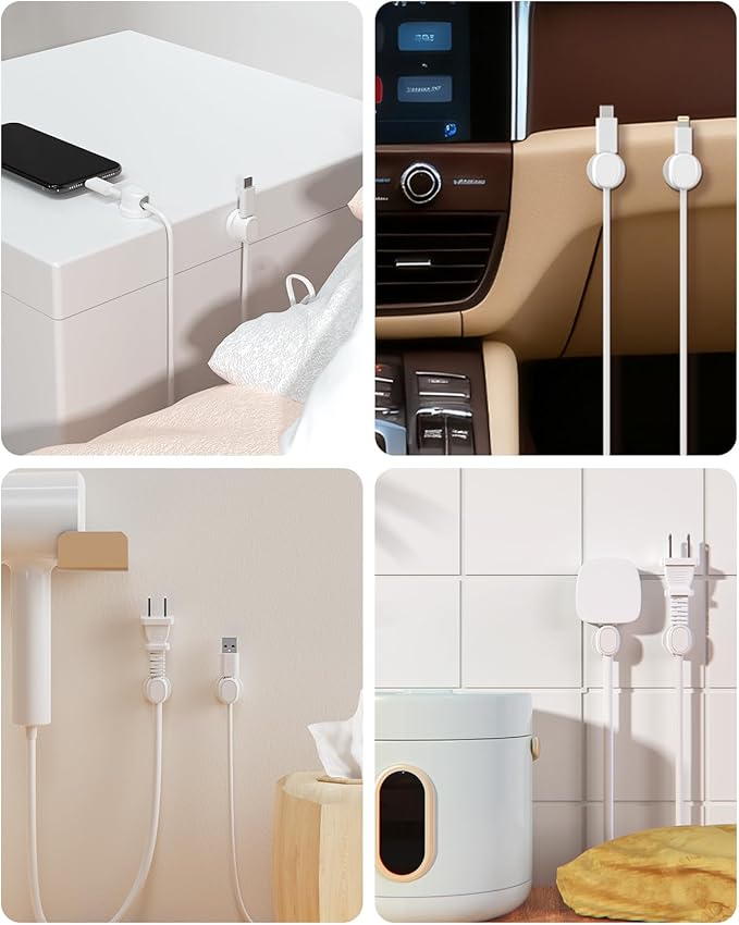 Rotatable Cord Holder, Snap-Lock Cable Clips, 8 Pack Adhesive Cord Organizer, Phone Charger Wire Organizer Keeper for Nightstand Car Kitchen Appliances Office Accessory,White