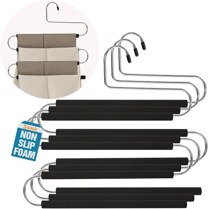 Multiple Space Saving Non Slip Foam Padded Pants Hangers 4 Tier Steel Open Ended No Creases Tiered Black 3 Pack