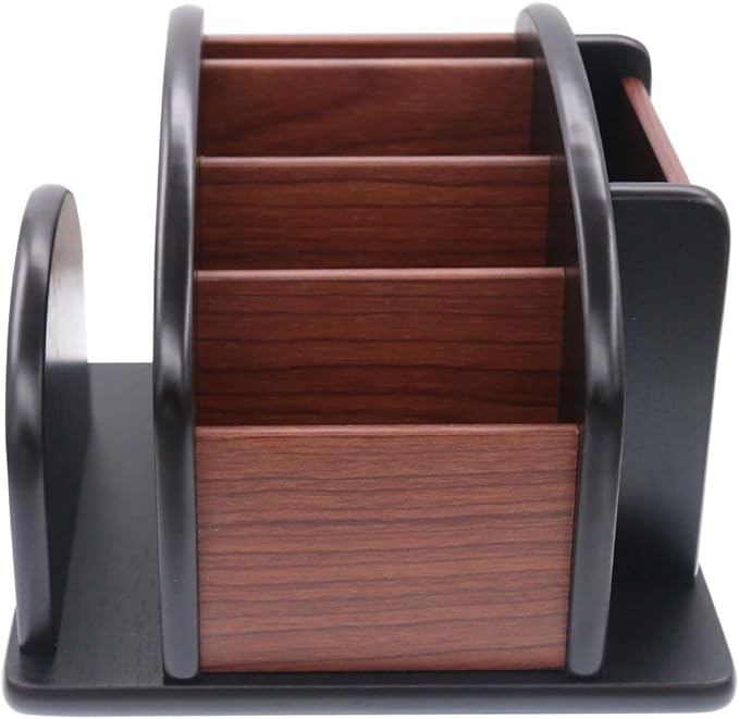 Coideal Remote Control Holder Caddy - Wooden Rotating Coffee Table Organizer Large Spinning Wood Remote Holder for Living Room Office (6 Compartments, Brown & Black)