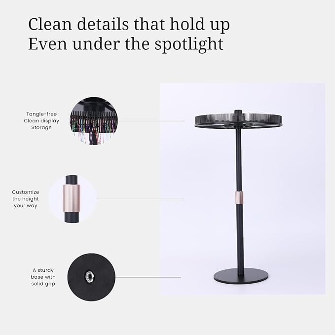 Adjustable Hair Extension Stand – Matte Black Metal, 11"–17.5" Height, Tangle-Free Storage & Display for Bangs, Clip-Ins, Color Strips, Colored Clip Hair Extensions & More, Non-Slip Base, Easy Assembly