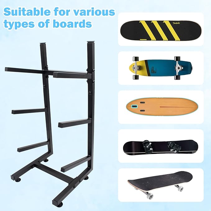 Skateboard Rack, 3-Layer Skateboard Stand, Snowboard Wall Mount, Skateboard Holder Floor for Deck,Longboard,Snowboard, Standard Skateboards, Mini Cruiser Skateboard