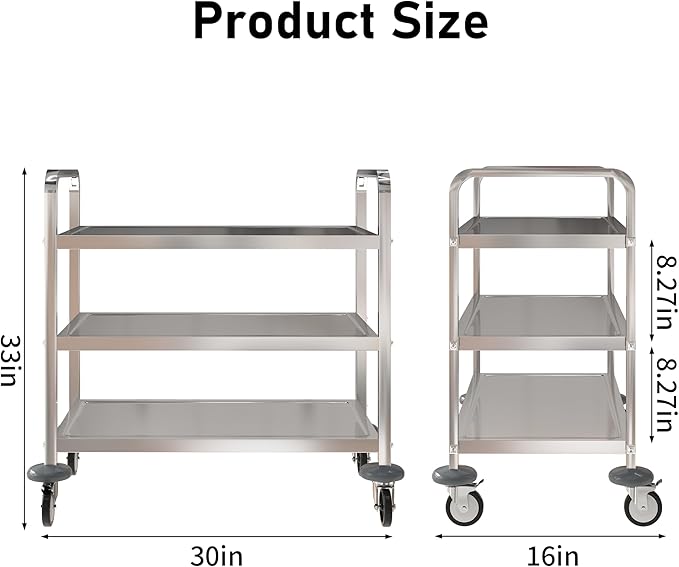 uyoyous 3 Tier Stainless Steel Utility Cart Commercial Serving cart with 360°Rotation Wheels Kitchen Island Load Up 400 lbs Stainless Steel Work Cart for Hotel Restaurant Home 30" L x 16" W x 33" H