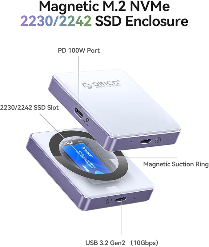 ORICO 10Gbps Magnetic M.2 NVMe SSD Enclosure with PD100W Charging Port 4K ProRes Recording Max 2TB for iPhone 17/16/15 Pro/Pro Max/Plus Support SSD Size 2230/2242 B+M M-Key Diskless AP42P (Black)