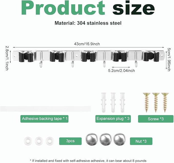 5 Pack Broom Holder Wall Mount 5 Racks 4 Hooks Stainless Steel Broom Mop Holder Anti Slip Storage Rack Strong Load Bearing Waterproof Broom and Mop Organizer Wall Hanging for Bathroom Kitchen Garage