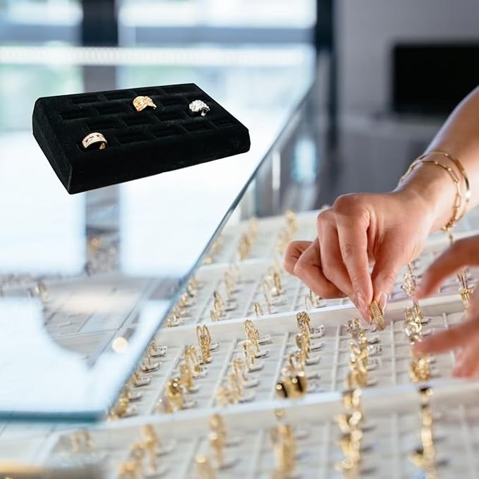 Novel Box 18-Slot Black Velvet Rings/Earrings/Cufflinks Holder Tray 8.25x4.5x1.75 Inches - Ring Holder Organizer for Selling or Personal Use - Jewelry Display Trays for Special Occasions