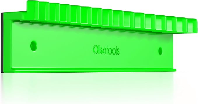 Olsa Tools Magnetic Wrench Organizer, Green - 15 Slot Wrench Holder Rack - SAE and Metric Wrench Storage Rail for Toolbox or Wall - Scratch Free Rubberized Magnetic Base - Part: 1875