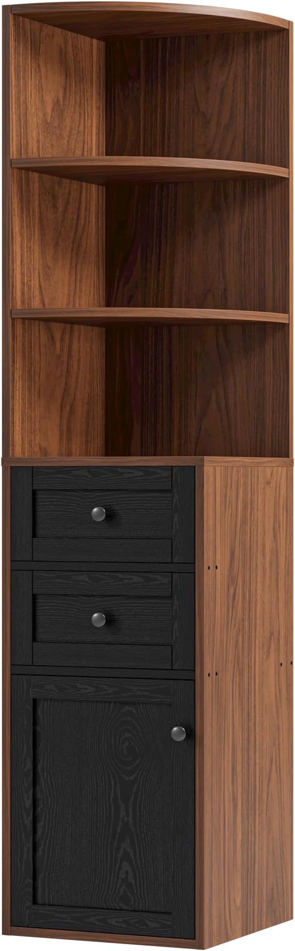 IRONCK Corner Bookshelf and Bookcase, 71" H Wooden Book Shelves 3 Tier with Drawers and Storage Cabinet for Living Room, Office, Bedroom, Brown and Black