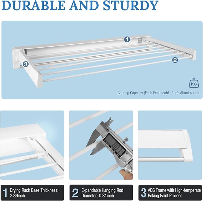 Wall Mounted Drying Rack, Foldable Wall Mount Laundry Rack Folding Indoor Drying Rack Clothing Collapsible with 4 Moveable Hooks and 7 Aluminum Drying Rods for Indoor Outdoor Hanging Clothes