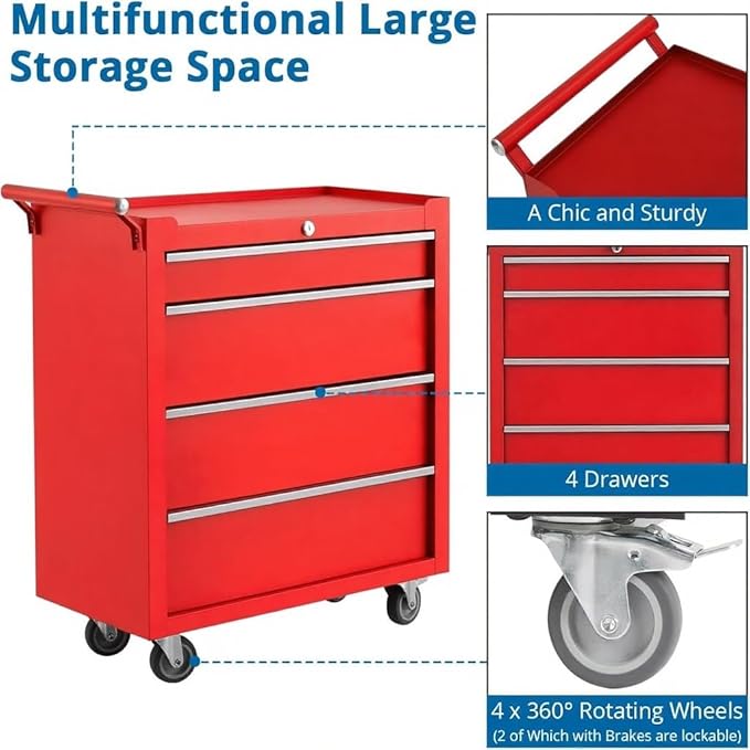 IDEALHOUSE Rolling Tool Chest, 4 Drawers Tool Storage Cabinet, Toolbox with Wheels, Portable Tool Cabinet Organizer with Locking System & Drawer Liners, Tool Storage Cart for Garage, Workshop, Red