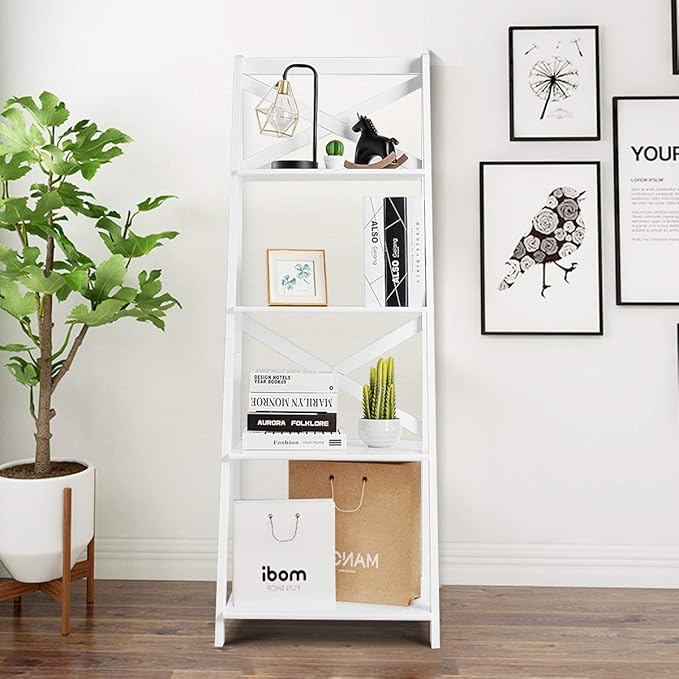 Tangkula 4-Tier Ladder Shelf Bookcase Leaning Free Standing Wooden Frame Decor Bookshelf Storage Flower Shelf Plant Display Shelf for Home Office (White, 1)