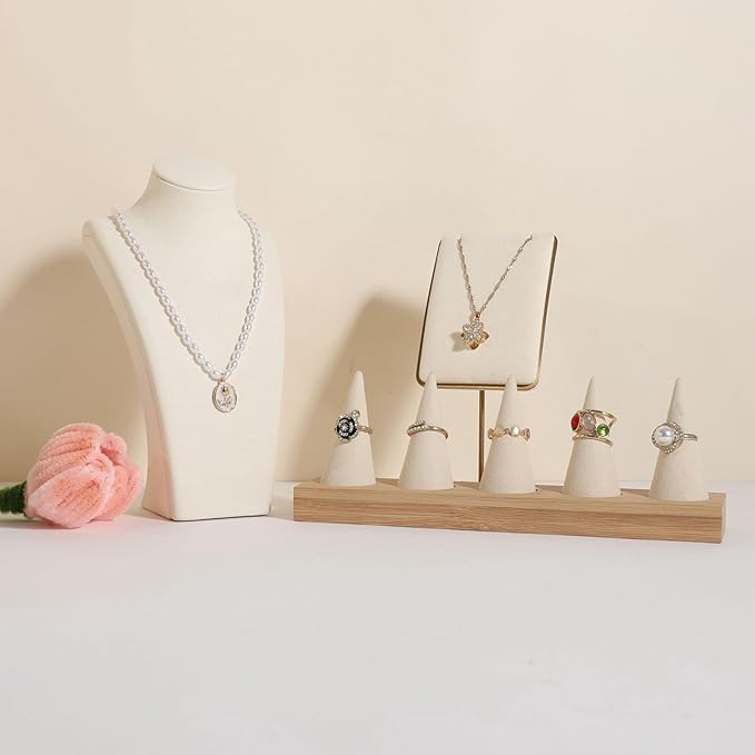 GemeShou Beige necklace storage organizer for sale, Velvet necklace holder stand, jewelry bust display stands, Jewelry Mannequin for Countertop, Showcase【Beige-Small height 7.68 inch】