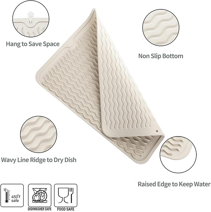 Silicone Dish Drying Mat for Multiple Usage,Easy clean,Eco-friendly,Heat-resistant Silicone Mat for Kitchen Counter or Sink,Refrigerator or drawer liner Tapioca L 16 inches x 12 inches