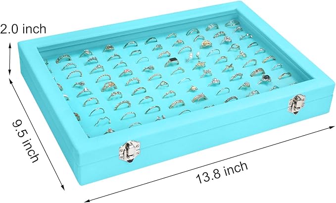 Velvet Ring Display Tray Organizer Box with Transparent Lid, 100 Slot Ring Holder Showcase For Store Display Jewelry Show Home, Ring Organizer For Rings Earrings (Light Blue)