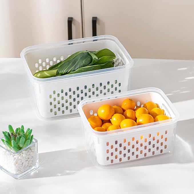 iayokocc 2 Pack Fruit Storage Containers for Fridge, Stackable Food Storage Containers with Removable Colander, Refrigerator Organizer with Drain Baskets Lids- Keeping Food Fresh Longer