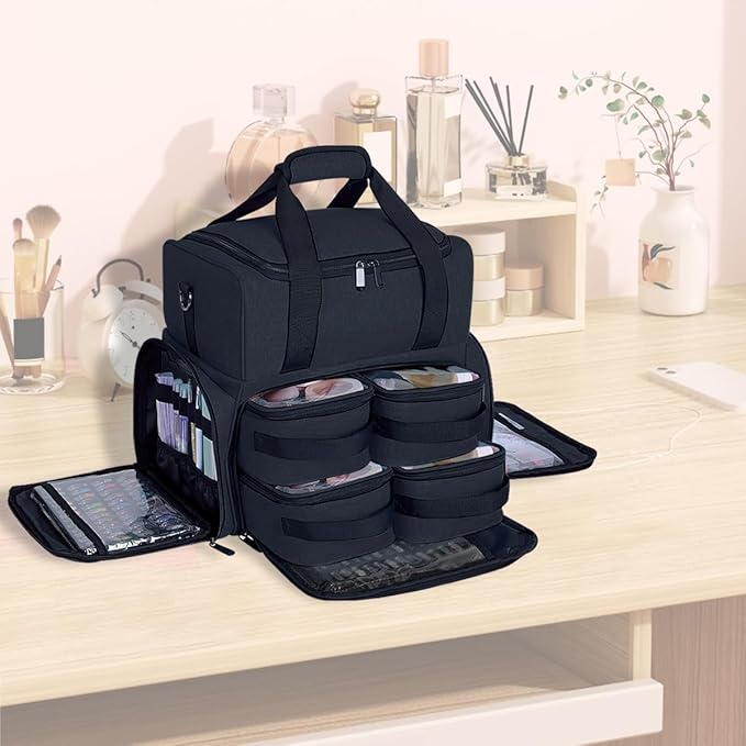 Large Cosmetic Bag with 4 Removable Case and 2 Removable Dividers Double Layer Travel Storage Organizer, Makeup Brushes Storage Section Black