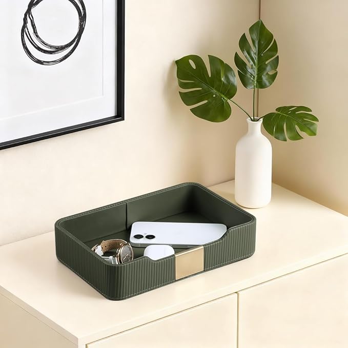 Valet Tray Desktop Storage Organizer, PU Leather Catchall Bedside Vanity Tray with Brass Accents Block Nightstand Organizer for Keys Watch Wallet Phone, Decorative Nightstand Storage (Green)