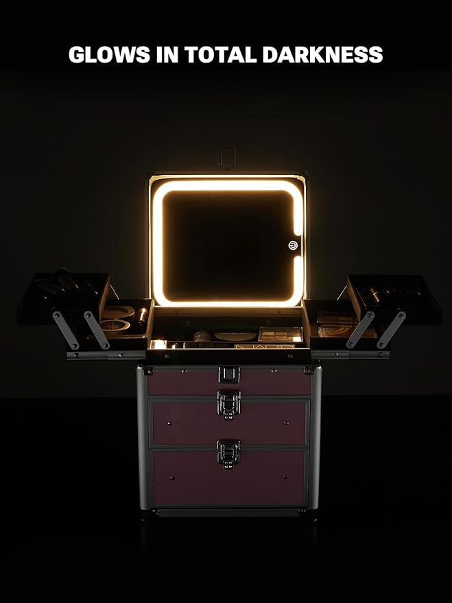 Qislee Makeup Box with Double Drawers and Four Trays, Detachable Lighted Mirror, Waterproof Travel Train Case, Cosmetic Organizer and Makeup Suitcase with Magnetic LED Mirror(Sparkling Gradient Pink)