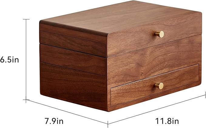 Wooden Jewelry Box for Women, 3 Level Multi-functional Drawers Black Walnut Jewelry Organizer Box, Watch, Necklace, Ring, Earring Storage Gifts(With Mirror B)