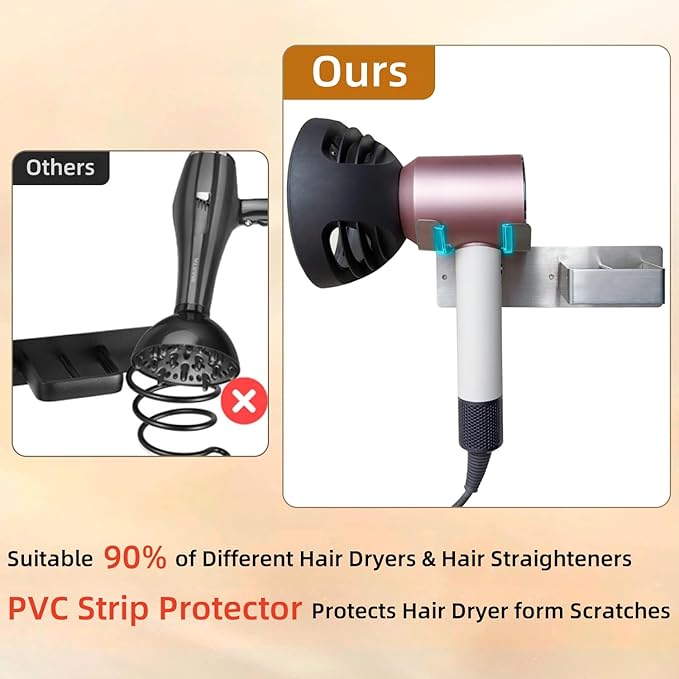 Hair Dryer and Straightener Holder, Upgraded Hair Straightener Holder with Cable Hook, Stainless Steel Universal Hairdryer Holder Wall Mounted Waterproof for Bathroom Space-Saving Silver PTALSEAW