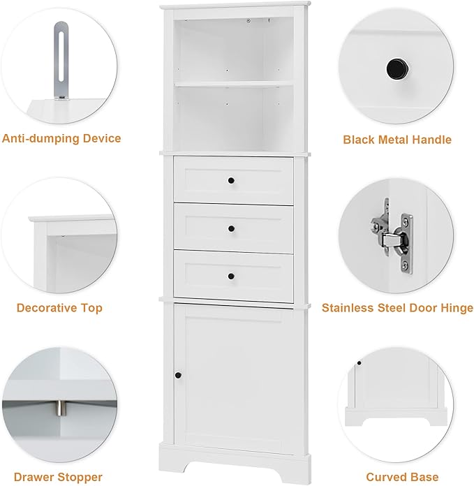 68.9" Tall Triangle Corner Cabinet with 3 Drawers & Adjustable Shelf, Freestanding Storage Cabinet,Water-Resistant, Anti-Tip Design,Space-Saving Organizer for Bathroom, Kitchen, Living Room, White