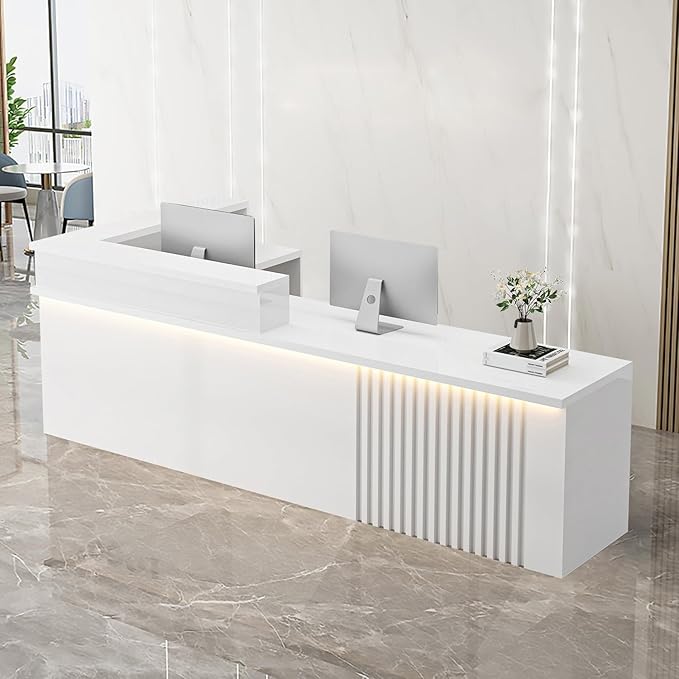 Receptionist Desk with LED Light，Wooden Salon Checkout Counter with Storage Drawer & Keyboard Tray Modern L-Shaped Reception Desk for Barbershop Office Company Store