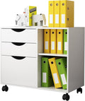 QDSSDECO 3-Drawer with Shelf Wood File Cabinet Mobile Lateral Filing Cabinet, with Rolling Wheel Printer Stand and Open Adjustable Storage Shelves, for Home Office, White