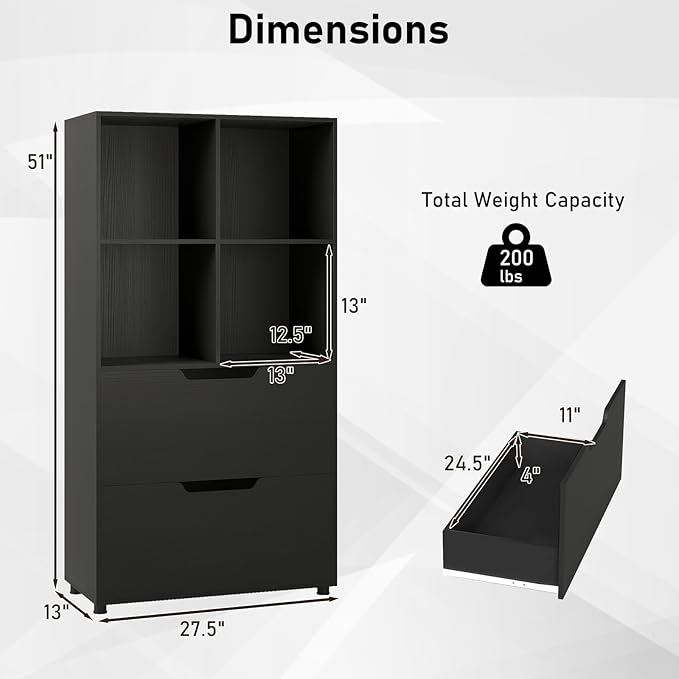 Giantex Bookshelf with 4 Cubes & 2 Drawers, 51” Tall Floor Bookcase with Anti-tip Kits, Freestanding Display Rack Storage Organizer for Study, Living Room, Home Office (Black)