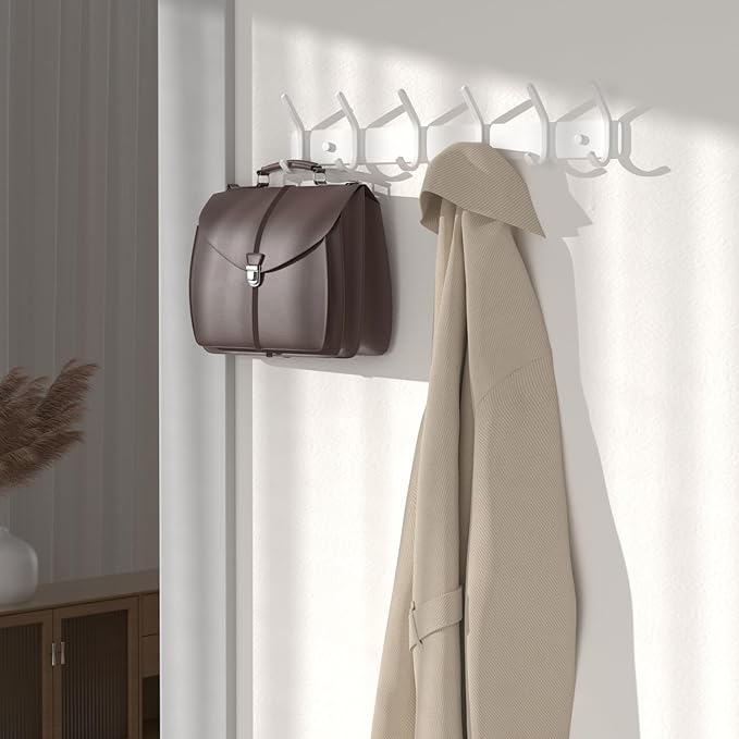 Coat Rack Wall Mount Hooks - 15 Inch Matte White Metal 6-Hook Organizer Wall Mounted, Modern Kids Room, Entryway & Bathroom Hanger for Beach Towels, Coats, Purses, Bags (1 Pack)