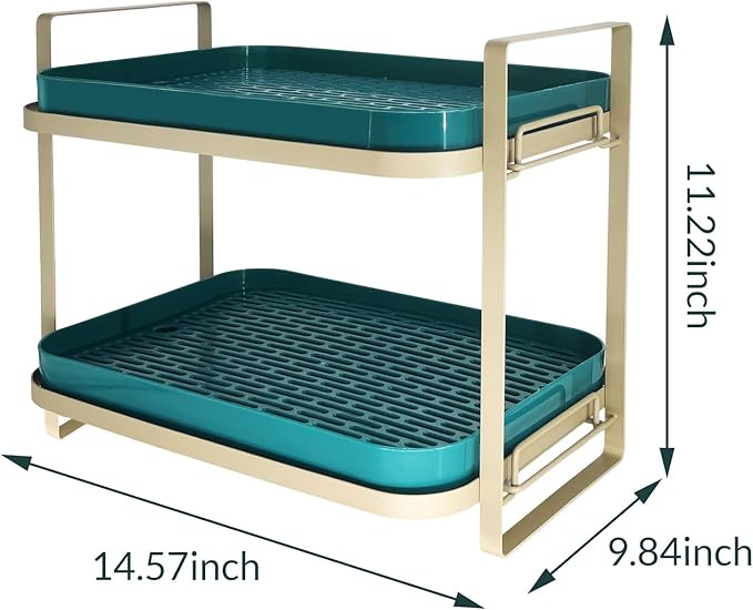 2 Tier Countertop Coffee Station Organizer with Removable Drying Trays - Carbon Steel Cup Rack for Mugs Bottles Kitchen Storage, Green