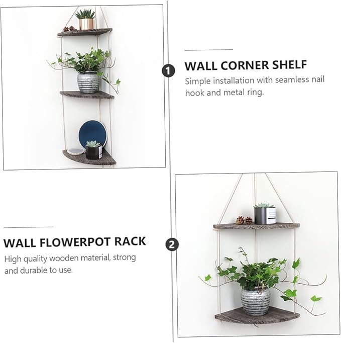 Vintage Fan-Shaped Wall Corner Hanging Shelf with Thick Rope Space-Saving Storage Rack for Plants Crafts Photos Rustic Brown Decorative Organizer for Bedroom Living Office