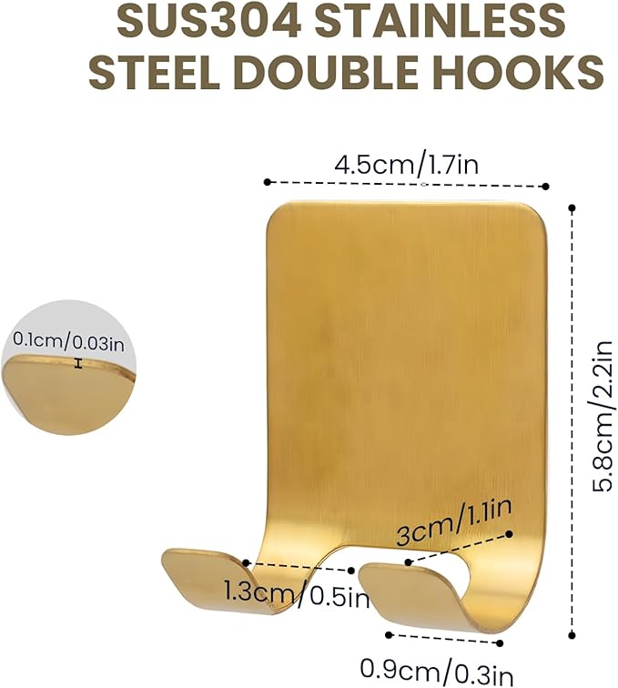 4-Pack Self-Adhesive Waterproof Hooks - Heavy-Duty Metal Razor Holder for Shower, Bathroom or Kitchen Organization,Stylish Gold Towel & Loofah Wall Hangers