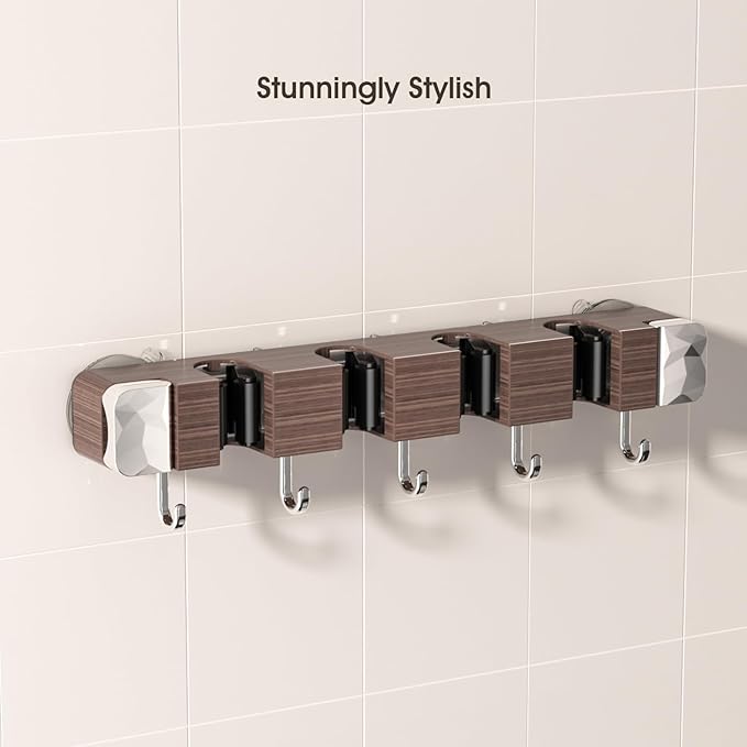 Suction Cup No Drilling Broom Holder Wall Mount, Walnut Color Mop Organizer Wall Hanging, 4 Racks 5 Hooks Tool Organizer Hanger Self Adhesive for Home, Garage, Garden, Laundry, Kitchen