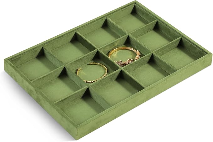 Velvet Stackable Jewelry Display Tray, 12 Grid Watch Bangle Bracelet Storage Tray, Makeup Drawer Insert Jewelry Shop Organizer Plate (Olive Green)