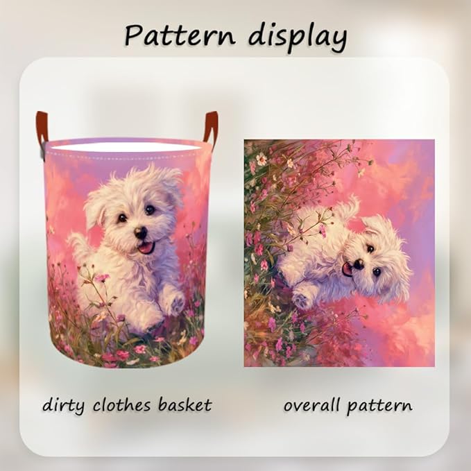 Laundry Baskets 15.7x19.7 Inch Large Puppy Wildflower Field Design Collapsible Laundry Hamper with Handles Oxford Fabric Clothes Storage Bin Foldable Dirty Clothes Organizer for Bedroom Bathroom Dorm
