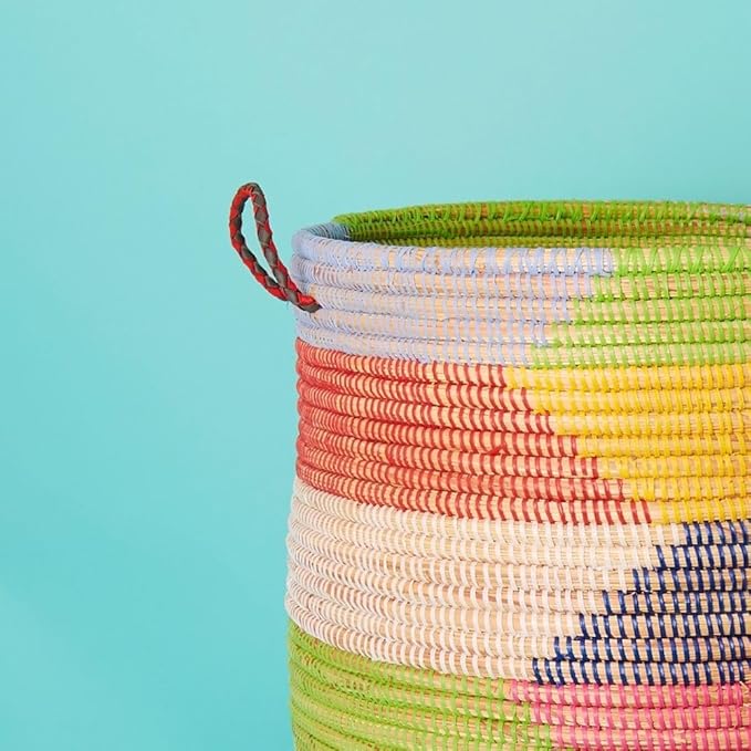 Medium Decorative Colorful Wicker Basket, Home Storage and Organization, Laundry, Blankets, Toys, Clothes, Hamper, Bin, Sturdy, Round, Hand Woven, 19" Tall, 15" Wide