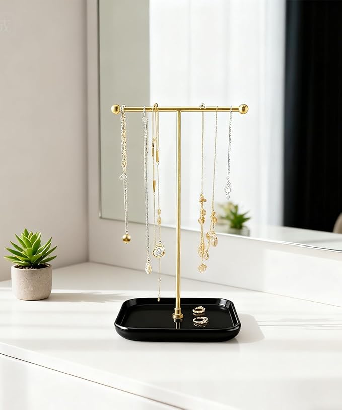 VROOMIUM Necklace Holder- Ceramic Base 1ft Height Jewelry Organizer Stand, Aesthetic Jewelry Hanger Display for Necklaces, Bracelets, Rings, Exhibidor de Collares-Mysterious Black