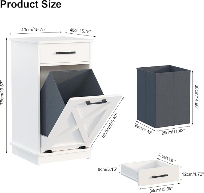 White Tilt Out Laundry Hamper Cabinet Hidden Laundry Hamper with Drawers and Baskets for Bathroom Hamper Cabinet with Storage for Kitchen Living Room,16x16x30in（Barn door panel）