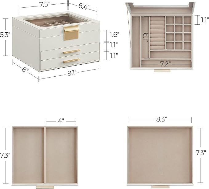 SONGMICS Jewelry Box Organizer with Glass Lid, 3-Layer Jewelry Storage, with 2 Drawers, Modern Style, Christmas Gift, 8 x 9.1 x 5.3 Inches, Cloud White and Gold Color UJBC239WT
