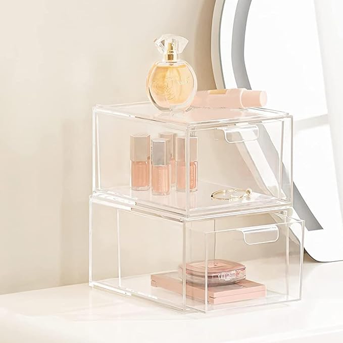 Clear Stackable Storage Drawers,2 Pack Acrylic Drawers Desk Organizers Makeup Organizer for Vanity, Bathroom,Cabinet,Desk Organization