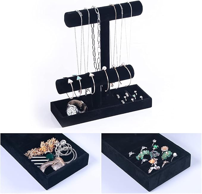 Coward 2 Tier Necklace Bracelet Holder Organizer With ring Tray, Multi-use Jewelry Display Stand For Necklace Bracelet Bangle Watch Scrunchie (Black/no Lid)