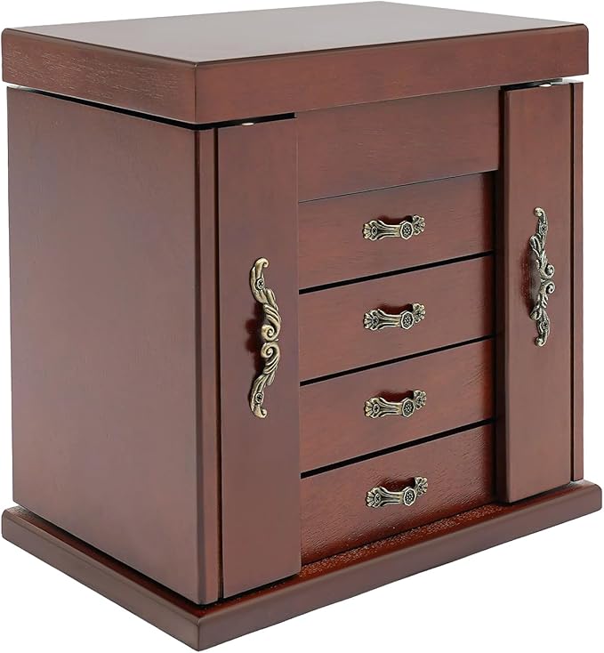 4-Drawer Wooden Jewelry Box, Wood Jewelry Organizer with 2 Side Doors and Mirror, Vintage Brown Finish Storage Case for Women Girls Gift Ready Watch Necklace Ring Earring
