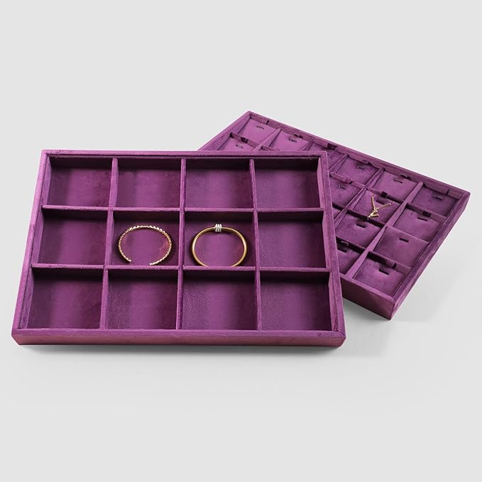 Velvet Stackable Jewelry Display Tray, 12 Grid Watch Bangle Bracelet Storage Tray, Makeup Drawer Insert Jewelry Shop Organizer Plate (Purple)
