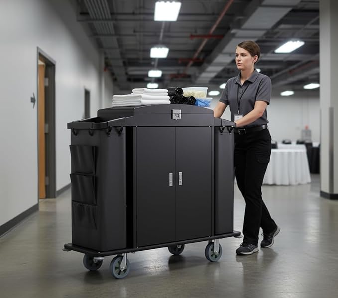 Heavy Duty Metal Housekeeping Janitorial Cart,Silent Casters,Locking Large Capacity Cabinets,Cleaning cart for Housekeeping/Commercial Facility/Hotel/Stadium/School(Black)