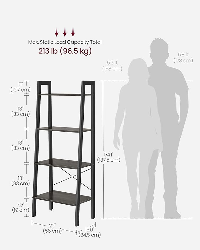 VASAGLE Ladder Shelf, 4-Tier Bookshelf, Storage Rack, Bookcase with Steel Frame, for Living Room, Home Office, Kitchen, Bedroom, Industrial Style, Charcoal Gray and Ink Black ULLS044B04
